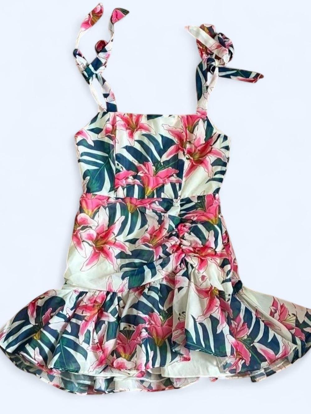 Girls Floral Tie-Shoulder Tropical Print Dress - Pink